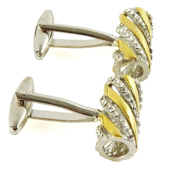 Mens Two Tone Gold Silver Swirl Rhinestone Cufflinks Formal Tuxedo Accessories - Picture 3 of 4